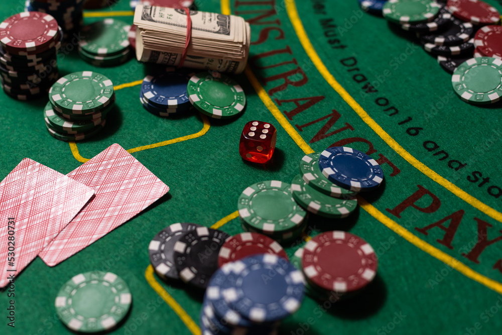 Blackjack playing cards and casino poker chips Blackjack playing cards and casino poker chips