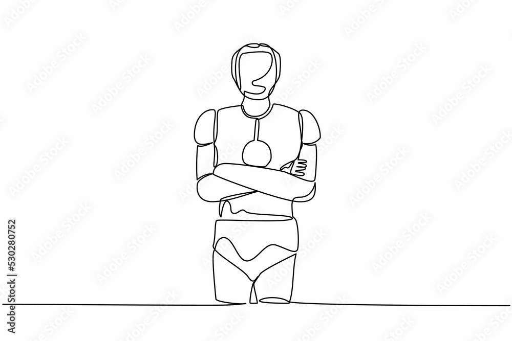 Single one line drawing robot standing with folded arms pose. Future technology development. Artificial intelligence machine learning processes. Continuous line draw design graphic vector illustration