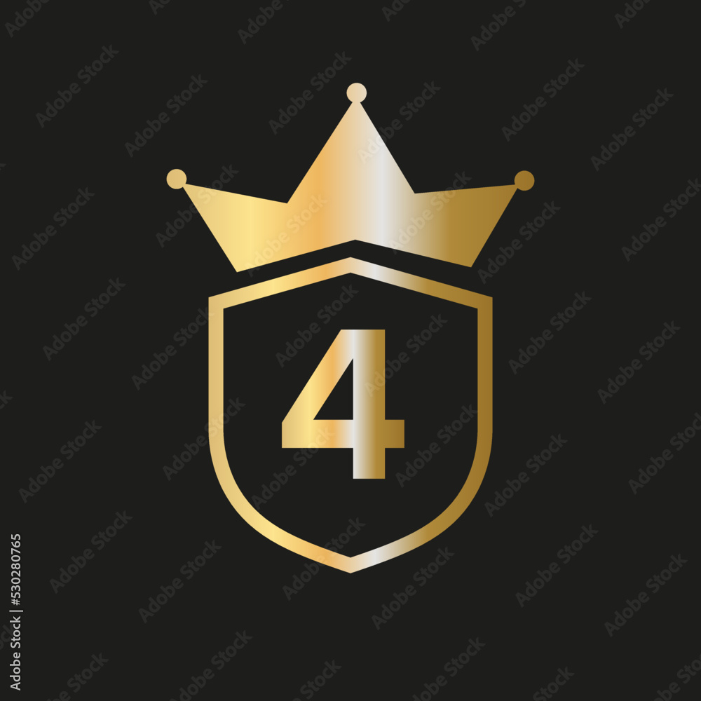 Shield Crown Logo On Letter 4 Vector Symbol With Elegant Gold Color Shield Crown Logo On Letter 4 Vector Symbol With Elegant Gold Color