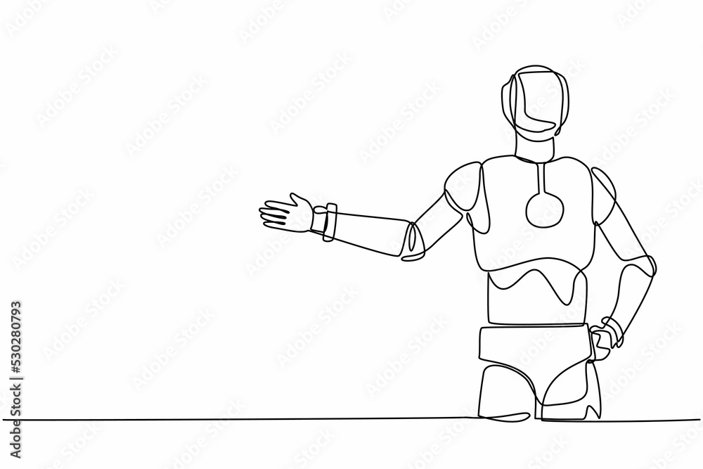Single continuous line drawing robot standing with showing something or presenting project. Robotic artificial intelligence. Electronic technology industry. One line graphic design vector illustration