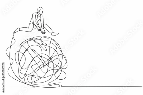 Continuous one line drawing businessman jumping over tangled scribble. Solution looking for complicated problem. Looking for ways to success business. Single line design vector graphic illustration