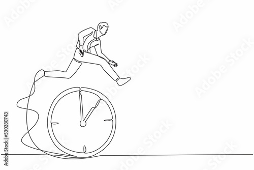 Single one line drawing confidence businessman employee worker jump over time passing clock. Smart time management, success in work strategy. Continuous line draw design graphic vector illustration