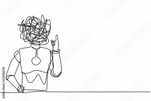 Continuous one line drawing robot with round scribbles instead of head, showing index finger, representing idea, solution. Humanoid robot organism. Single line draw design vector graphic illustration