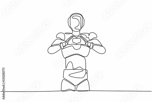 Continuous one line drawing robot standing with making love sign, heart symbol in front of chest. Humanoid cybernetic organism. Future robotic development. Single line draw design vector illustration