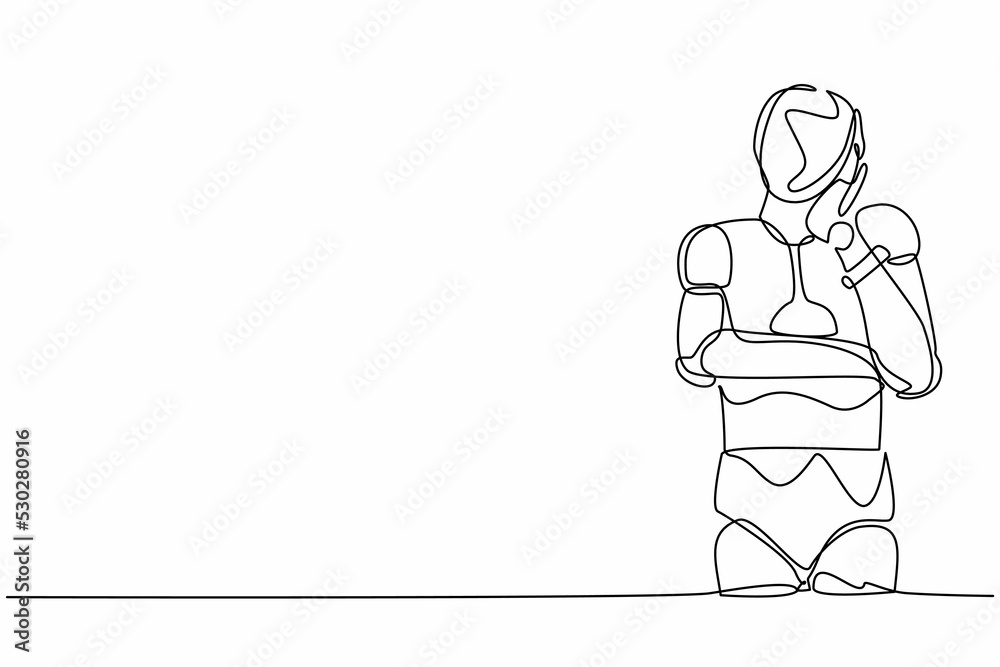 Single one line drawing robot standing with keeping hand on cheek. Robot suffering from toothache. Future technology. Artificial intelligence. Continuous line draw design graphic vector illustration Single one line drawing robot standing with keeping hand on cheek. Robot suffering from toothache. Future technology. Artificial intelligence. Continuous line draw design graphic vector illustration