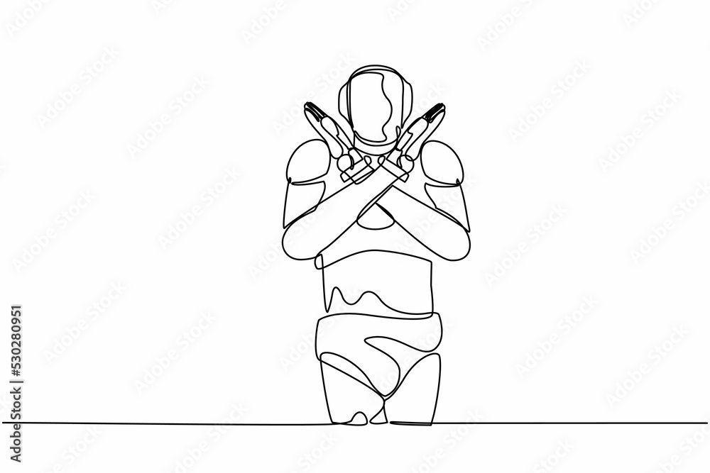 Single one line drawing robot standing with crossing arms and making X shape, stop sign with hands. Technology development. Artificial intelligence. Continuous line design graphic vector illustration