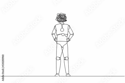 Single continuous line drawing robot with round scribbles instead of head, standing and holding hand on hip. Future technology development. Artificial intelligence. One line design vector illustration