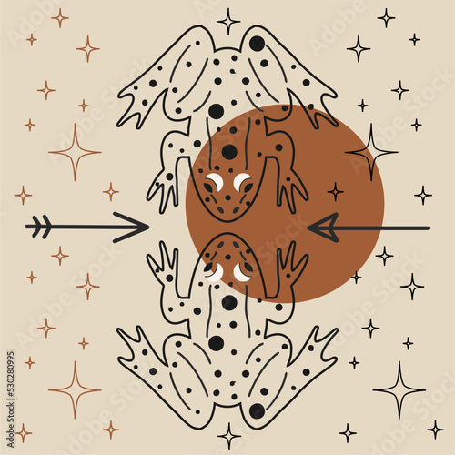 Magic frogs, arrows and stars. Mystical esoteric light witchcraft vector and image for print, unique illustration in boho style.