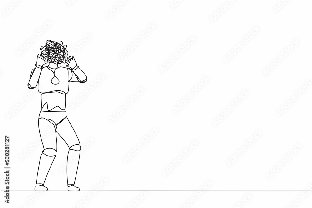 Single continuous line drawing robot with round scribbles instead of head. Robot shocked gesture with palm hands, shouting. Technology artificial intelligence. One line draw design vector illustration Single continuous line drawing robot with round scribbles instead of head. Robot shocked gesture with palm hands, shouting. Technology artificial intelligence. One line draw design vector illustration