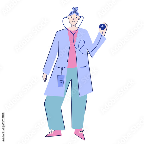 Woman doctor with stethoscope. A young doctor in a bright suit and medical gown. Vector illustration in flat style. Cartoon illustration of a friendly young doctor