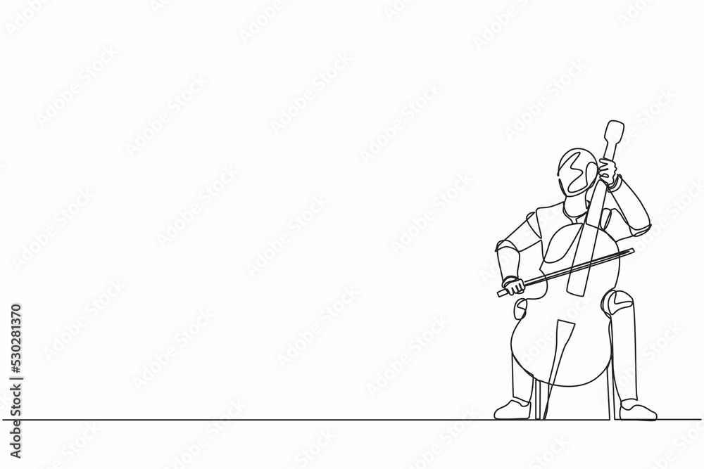 Single one line drawing robot playing stringed contrabass or cello. Future technology development. Artificial intelligence and machine learning. Continuous line draw design graphic vector illustration Single one line drawing robot playing stringed contrabass or cello. Future technology development. Artificial intelligence and machine learning. Continuous line draw design graphic vector illustration