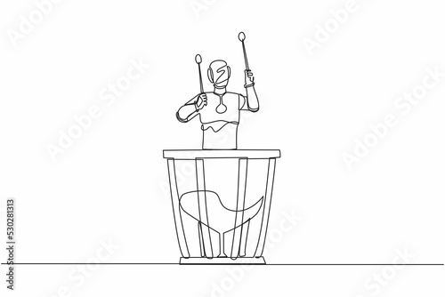 Single continuous line drawing robot percussion player holding stick and play timpani. Robotic artificial intelligence. Electronic technology industry. One line draw graphic design vector illustration