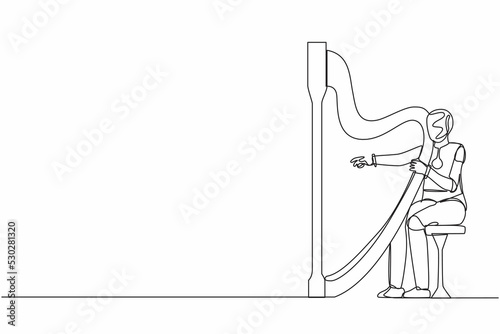 Single one line drawing robot sitting and playing harp at classic music festival. Future technology development. Artificial intelligence machine learning. Continuous line design vector illustration