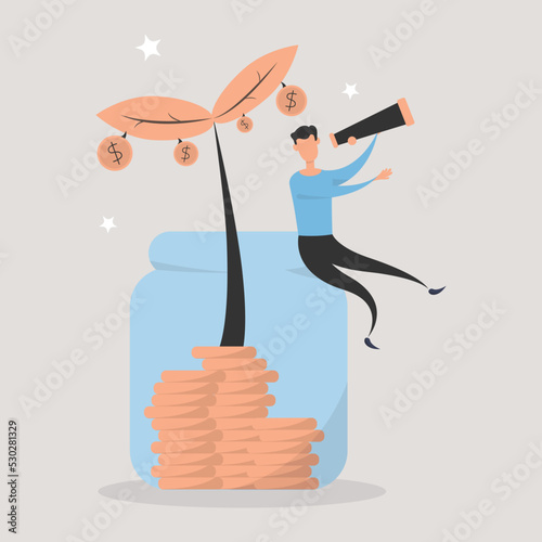 Man sitting on glass jars and looking for investment opportunity, money visionary, searching for yield, dividend or profit in stock market concept. Cartiin design.