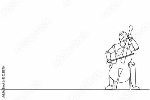 Single one line drawing robot playing stringed contrabass or cello. Future technology development. Artificial intelligence and machine learning. Continuous line draw design graphic vector illustration
