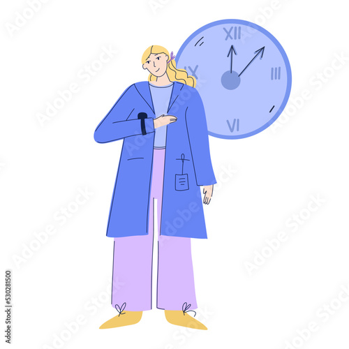 Woman doctor looks at her watch. Doctor in a medical gown with a badge. Medical worker. Hand-drawn vector illustration in flat style.