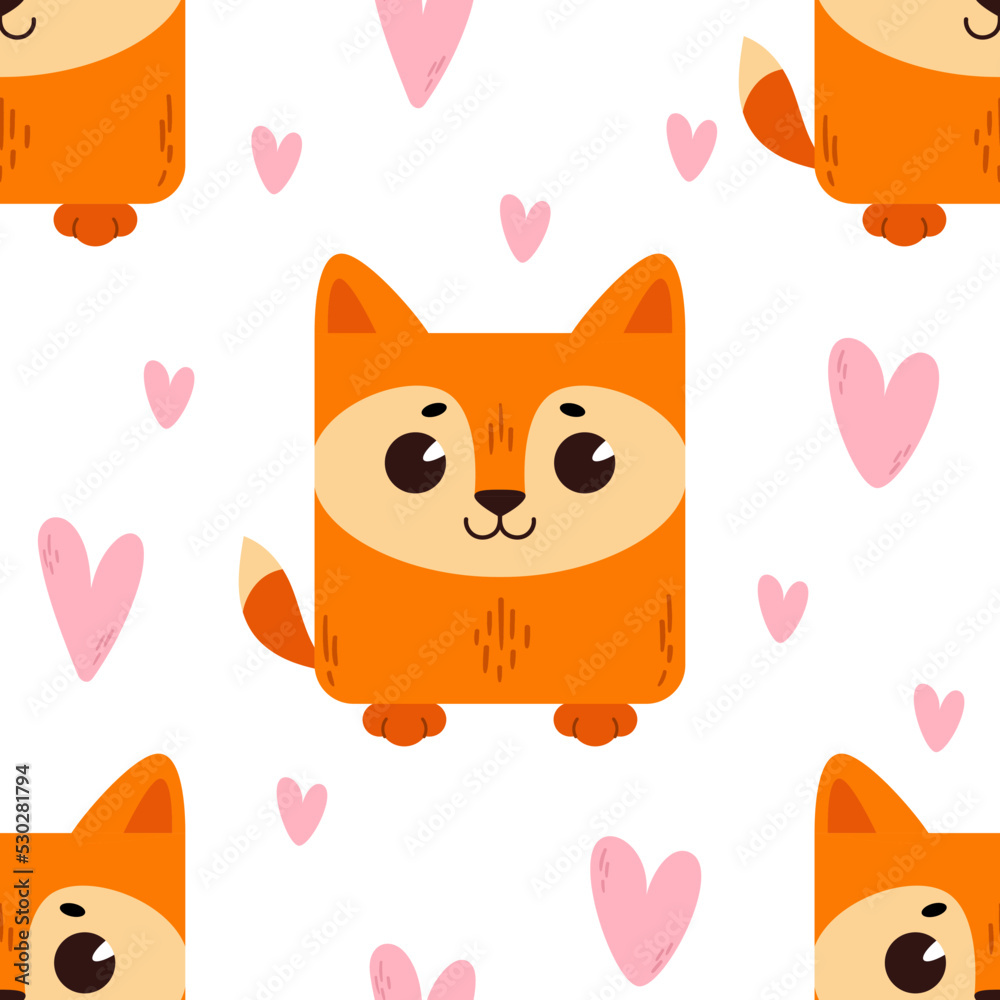 Fox with hearts. Pattern with cute cartoon animals. Kawaii children's print with pets. Vector illustration for fabric, paper, wallpaper, packaging