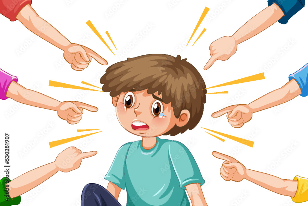 Sad boy surrounded by pointing fingers Sad boy surrounded by pointing fingers
