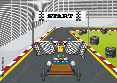 Soap box derby race with ducks cartoon character