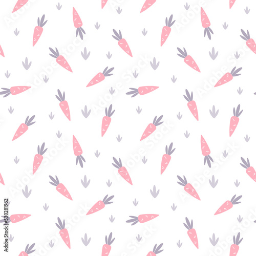 Carrot hand-drawn pastel colors. Pattern with cute cartoon animals. Kawaii children s print with pets. Vector illustration for fabric  paper  wallpaper  packaging