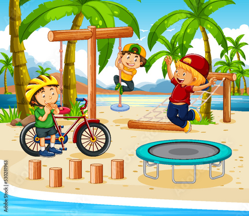 Beach playground with happy children