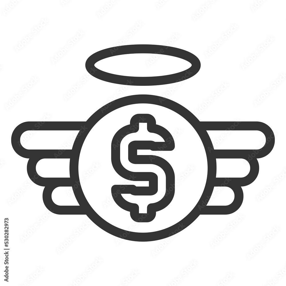 Dollar with wings and halo - icon, illustration on white background, outline style Dollar with wings and halo - icon, illustration on white background, outline style