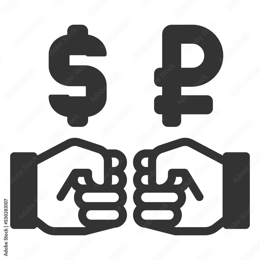 Collision of fists with dollar and ruble - icon, illustration on white background, glyph style Collision of fists with dollar and ruble - icon, illustration on white background, glyph style
