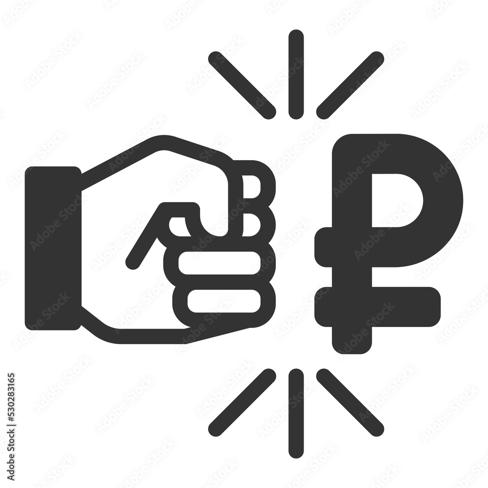 The fist beats the ruble - icon, illustration on white background, glyph style The fist beats the ruble - icon, illustration on white background, glyph style