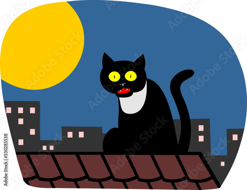 black cat on the night roof under the full moon vector illustration