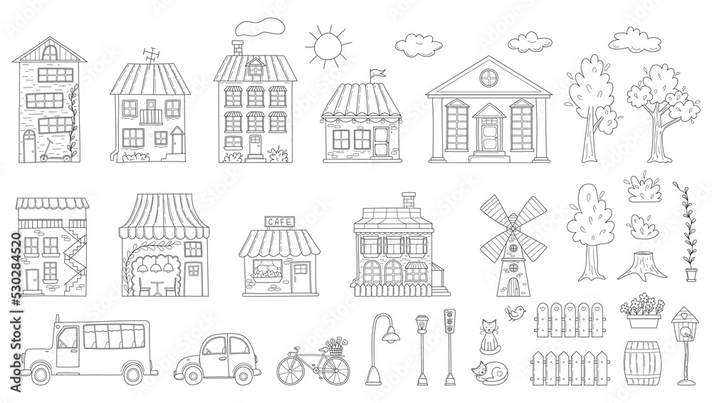 A set of outline houses, buildings, cafe, mill, trees, vehicles in sketch doodle style.