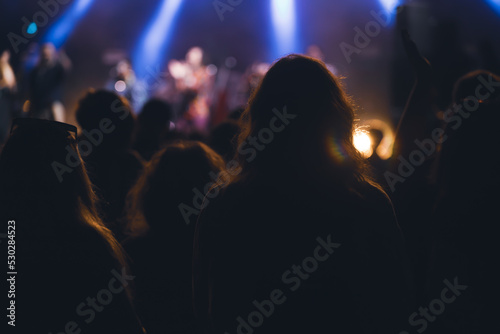 Crowd at concert and blurred stage lights.