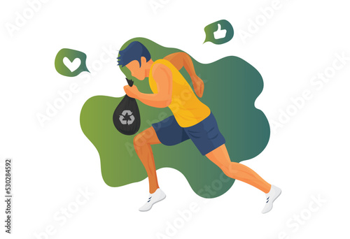 Plogging, vector illustration concept of fitness activity trend: jogging athlete picking up a bag of garbage, litter or trash. Runner or plogger with a garbage bag plogging or cleaning waste isolated.