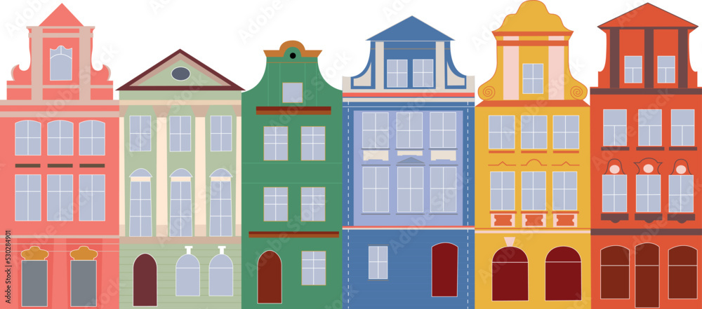 Cute houses, city buildings in Scandinavian style. Cosy town panorama with home exteriors, Scandi architecture. Urban street with chimneys, smoke. Flat vector illustration isolated on white background