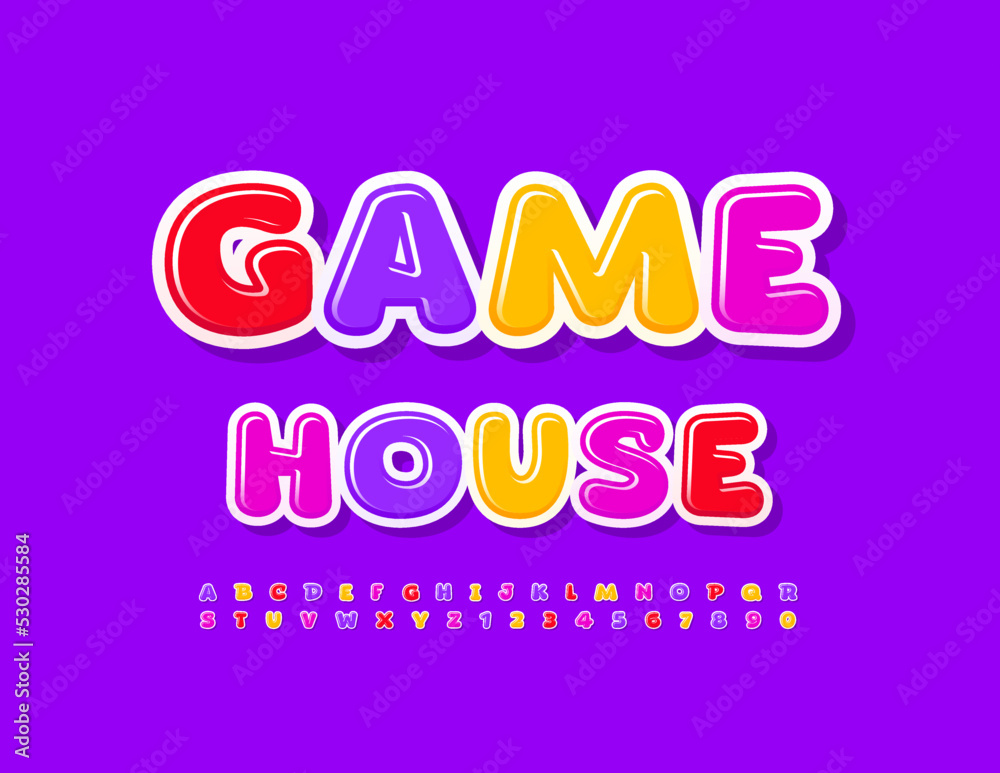 Vector funny sign Game House. Bright Kids Font. Set of creative Alphabet Letters and Numbers