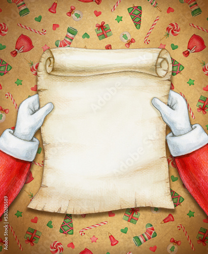 Santa Claus reading letter,  Christmas card. Watercolor illustration.