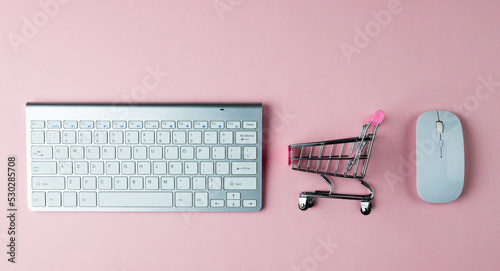 Composition of keyboard, mouse and shopping cart on white background