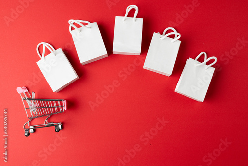 Composition of shopping cart with bags and copy space on pink background