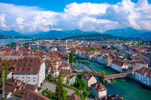 City of Luzern panoramic aerial view. Alps and lake Luzern on background. Switzerland.