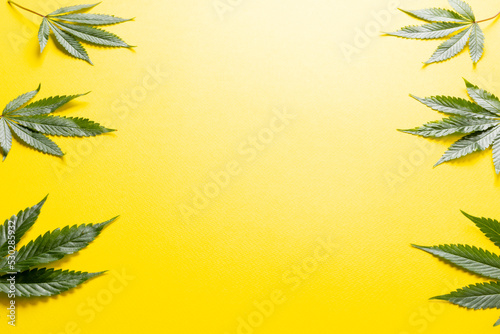 Image of marihuana leaves lying on yellow background