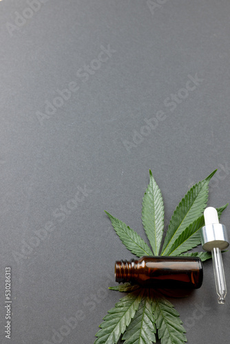 Vertical image of marihuana leaf and bottle of cbd oil on grey surface