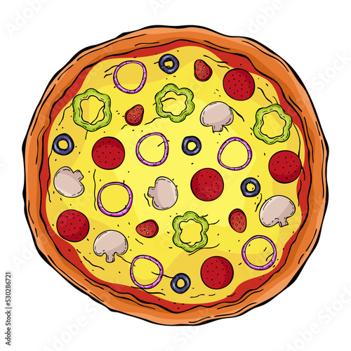Line art colorful pizza supreme isolated on white background