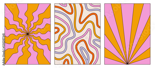 Set of retro backgrounds and posters. Abstract colorful backgrounds with outline. The style of the 70s.Distorted patterns and shapes.Vector illustration isolated on a white background.Graphic Template