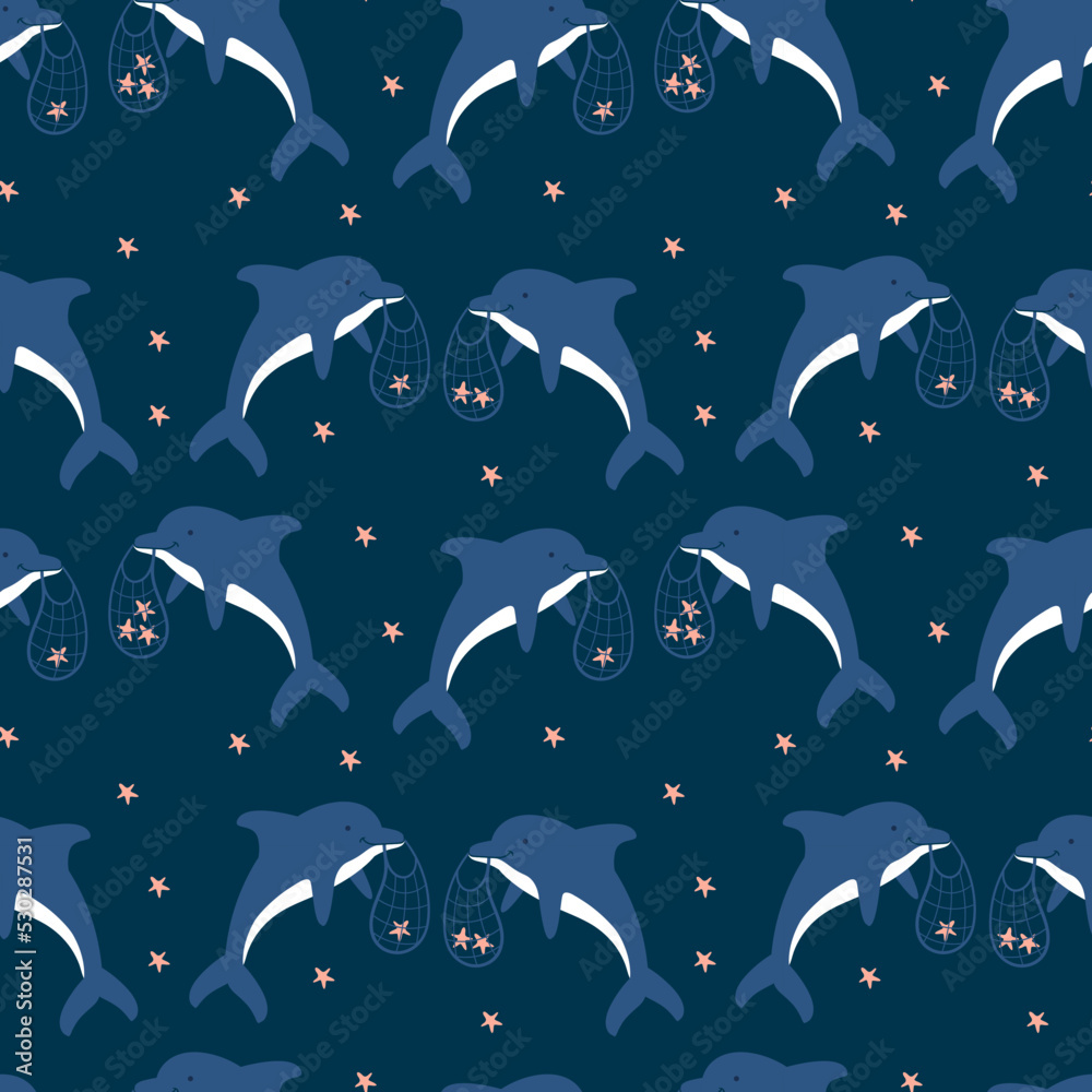 Cute cartoon dolphins with little starfish vector pattern on a dark blue background. Cartoon marine seamless pattern Cute cartoon dolphins with little starfish vector pattern on a dark blue background. Cartoon marine seamless pattern