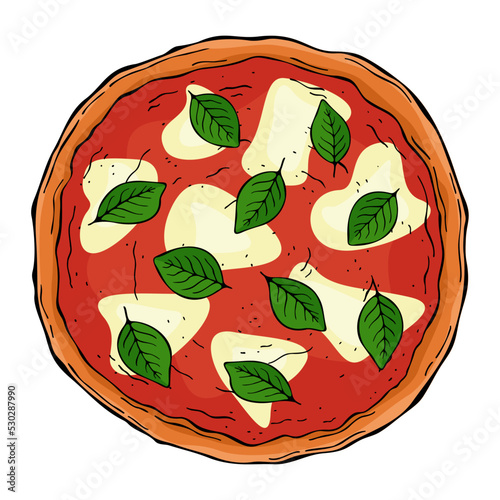 Line art colorful pizza margherita isolated on white background