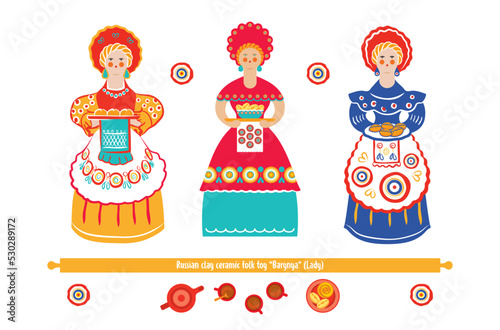 Colored graphic set of Russian folk clay ceramic toys, dolls holding baking trays. Dymkovo toy, stylization, free brush. Vector illustration isolated on background.