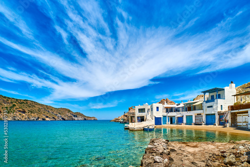 Traditional Greek fishermen village, blue sea, great sky, summer Fototapet