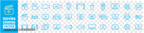 Movies Cinemas line icons collection Editable stroke vector