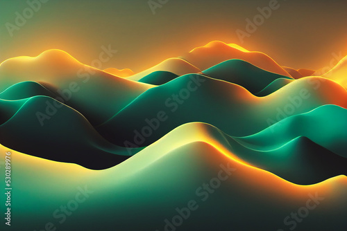 Smooth Wavy Glowing Structure Green Yellow Abstract 3D Art Illustration. Fluid Conceptual Warped Surface Stylish Trendy Background. CG Digital Painting AI Neural Network Generated Art Modern Wallpaper photo