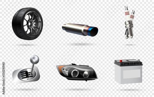 Vector illustration, car parts icons set, realistic 3d