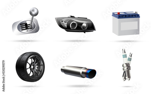 Vector illustration, car parts icons set, realistic 3d